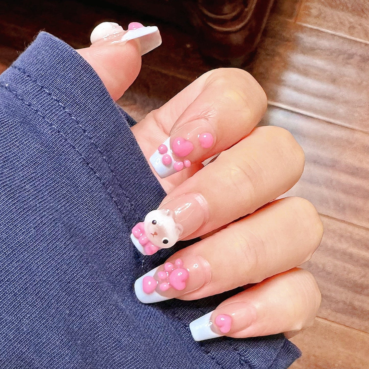 Handmade Painting Siamese Cat Light Creamy Blue French Pink Heart Paw Cute Anime Press On Nails All Charms Are Made of Nail Gel