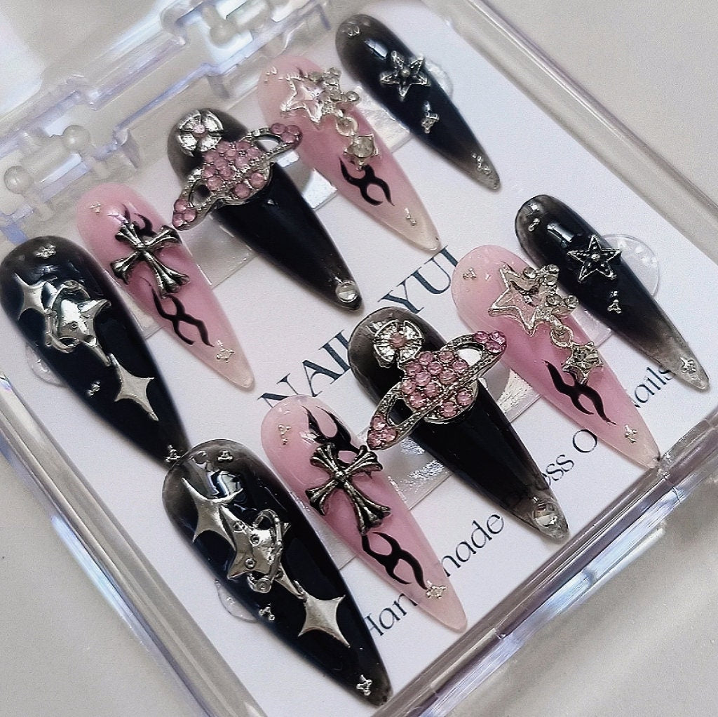 Handmade Black Pink Saturn Gem Sliver Star Cross Flame Gothic Metalic Press On Nails Goth Nails Saturn Nails Press Ons