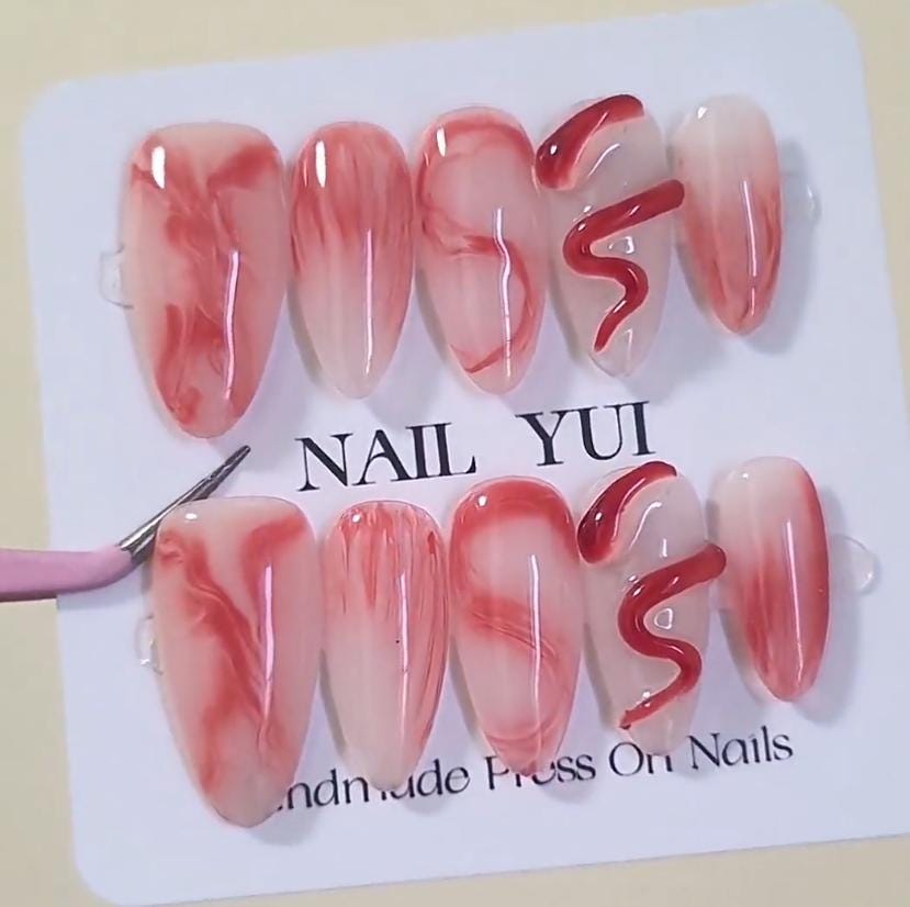 Handmade Red Snake Red Marble Ombre Halloween Press On Nails Snake Nails Halloween Nails