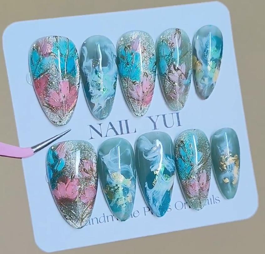 Handmade Painting Lotus Dusty Green Marble Gold Line Luxury Flower Press On Nails Lotus Nails Painting Nails Spring Nails Flower Nails