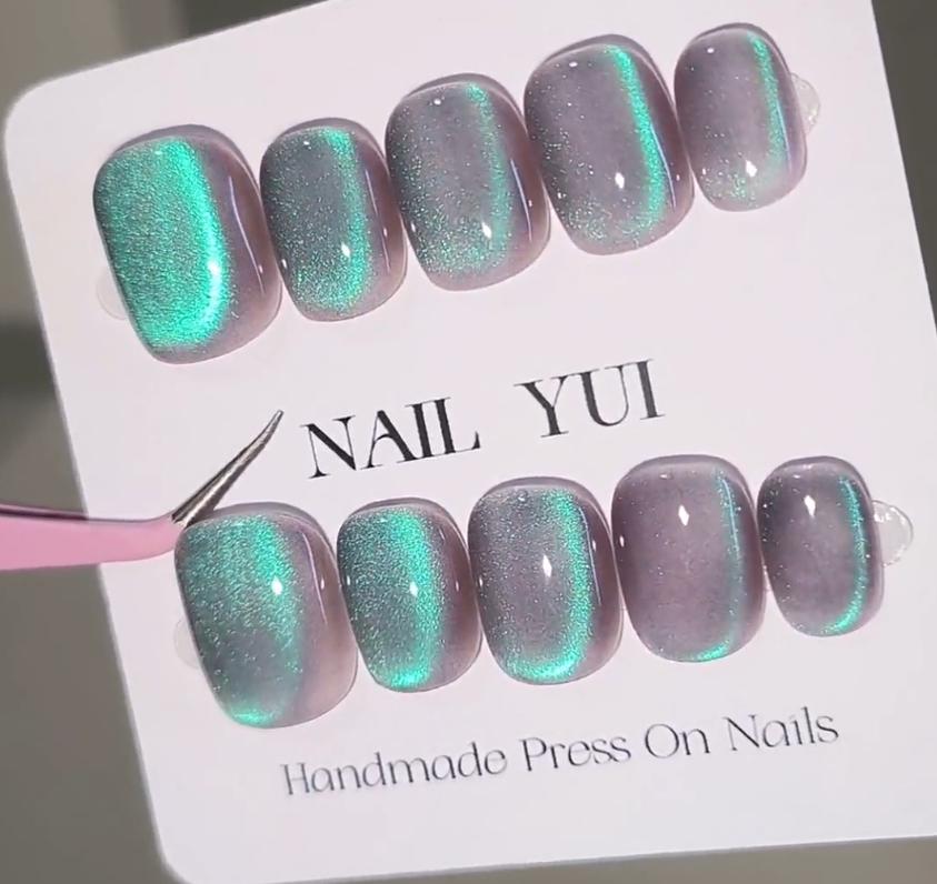 Handmade Clear Dark Purple Mint Blue Glitter Cat Eye Press On Nails Aurora Nails Blue Tears Summer Vacation Seaside Beach 2024