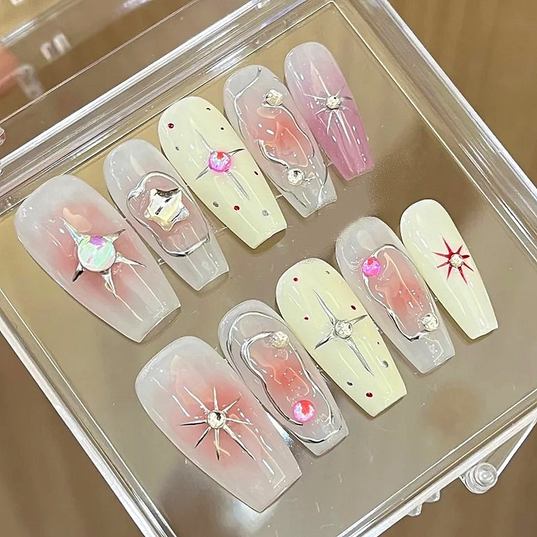 Handmade Nude Orange Blush Milky Ombre Star Gliding Sliver Line Press On Nails Cute Nails Y2K Nails Punk Nails