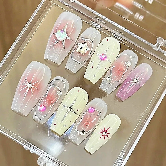 Handmade Nude Orange Blush Milky Ombre Star Gliding Sliver Line Press On Nails Cute Nails Y2K Nails Punk Nails