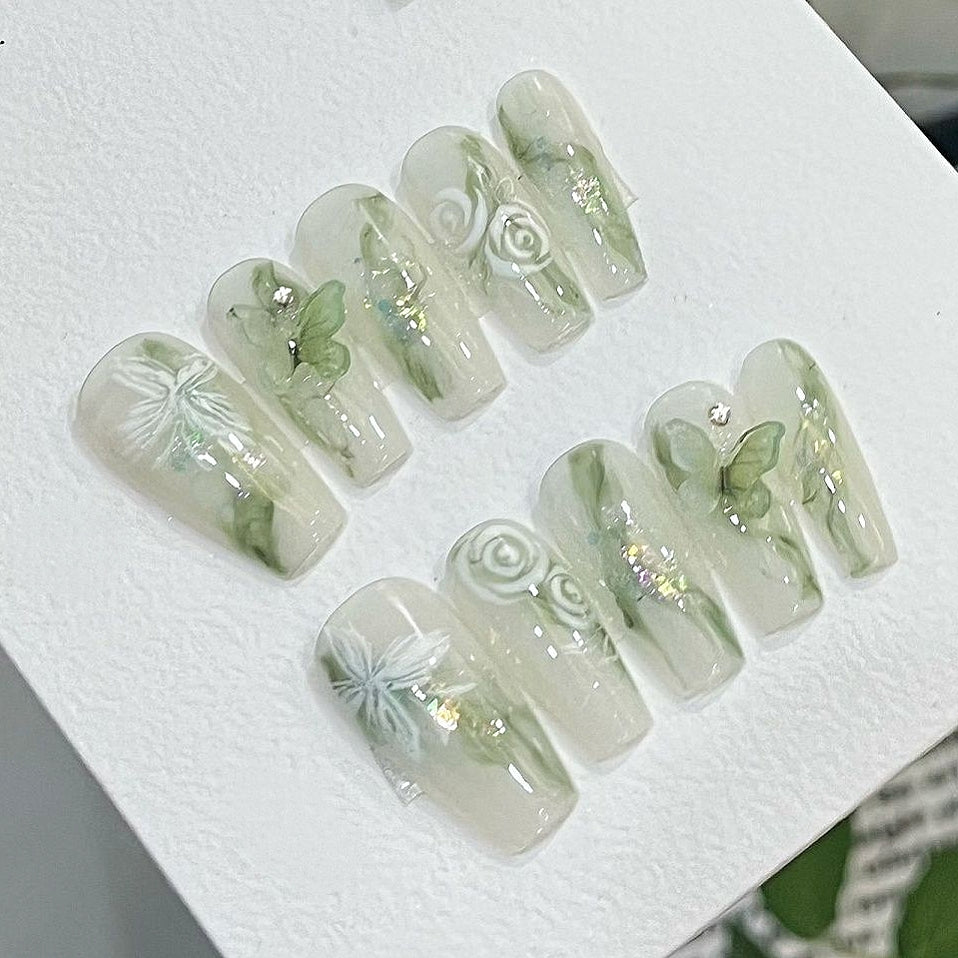 Handmade Dark Green Ombre White Green 3D Butterfly Press On Nails Elegant Marble Forest Bride Wedding Spring Summer