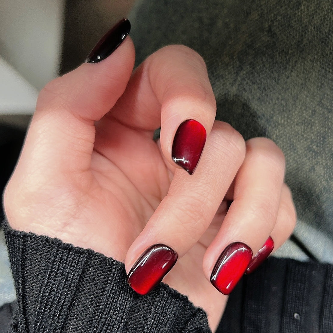 Handmade Dark Red Glass Bead Cat Eye Press On Nails Cat Eye Nails Red Nails New Year nails Glass Bead Nails Wide Cat Eye Nail