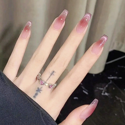 Blush Pink Cat Eye Press On Nails - Aurora Galaxy Glitter