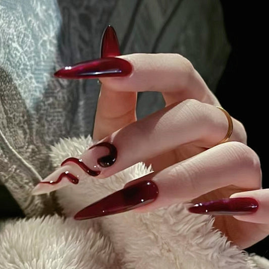 Dark Blood Red Snake Halloween Press On Nails