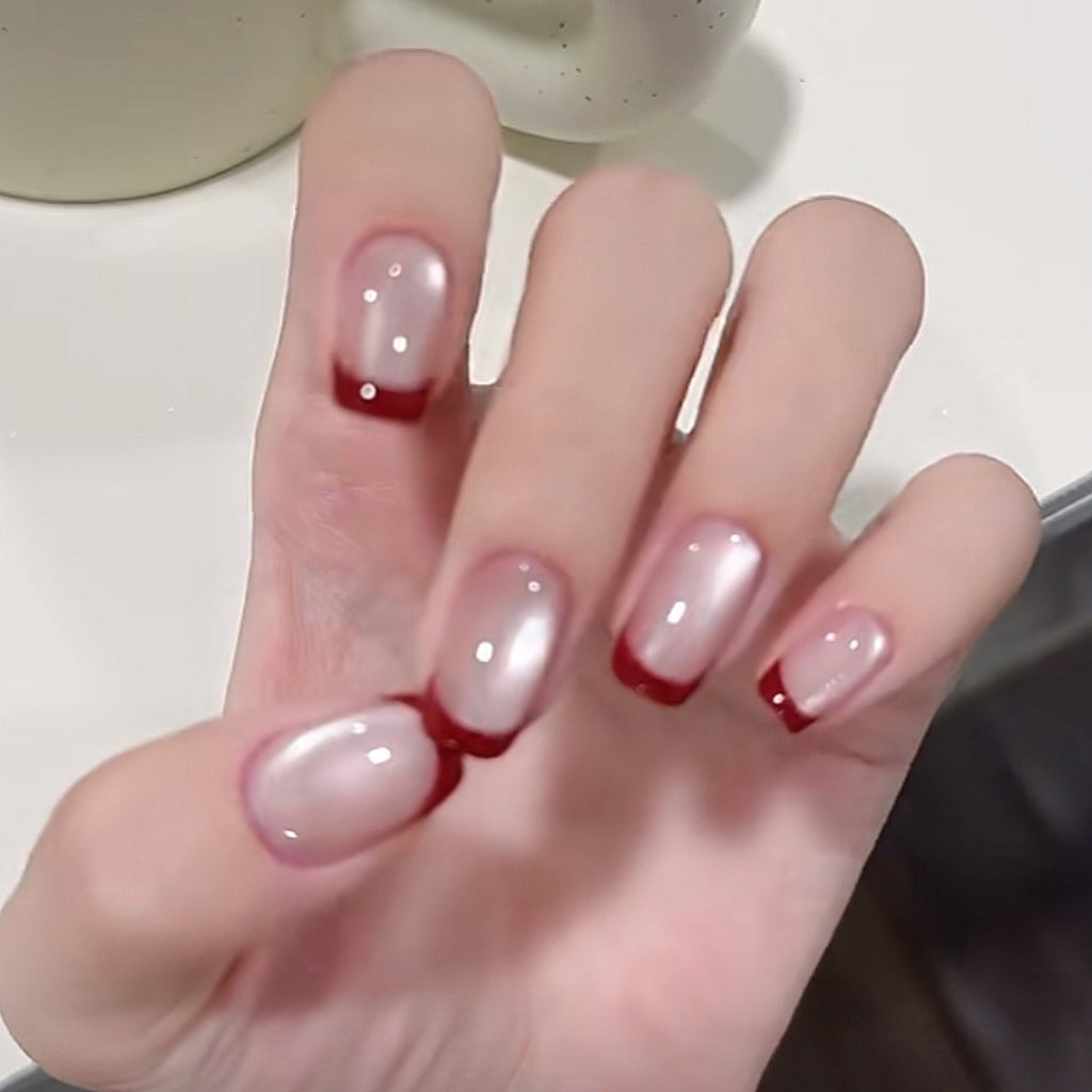 Handmade Red French Moonlight Glass Bead Cat Eye Press On Nails Christmas Nails Custom Size Nails