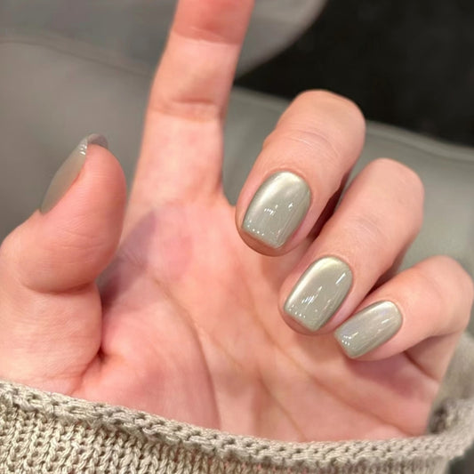 Handmade Jade Gray Green Side Glass Bead Cat Eye Press On Nails Cat Eye Nails Glass Bead Nails Gray Green Nails