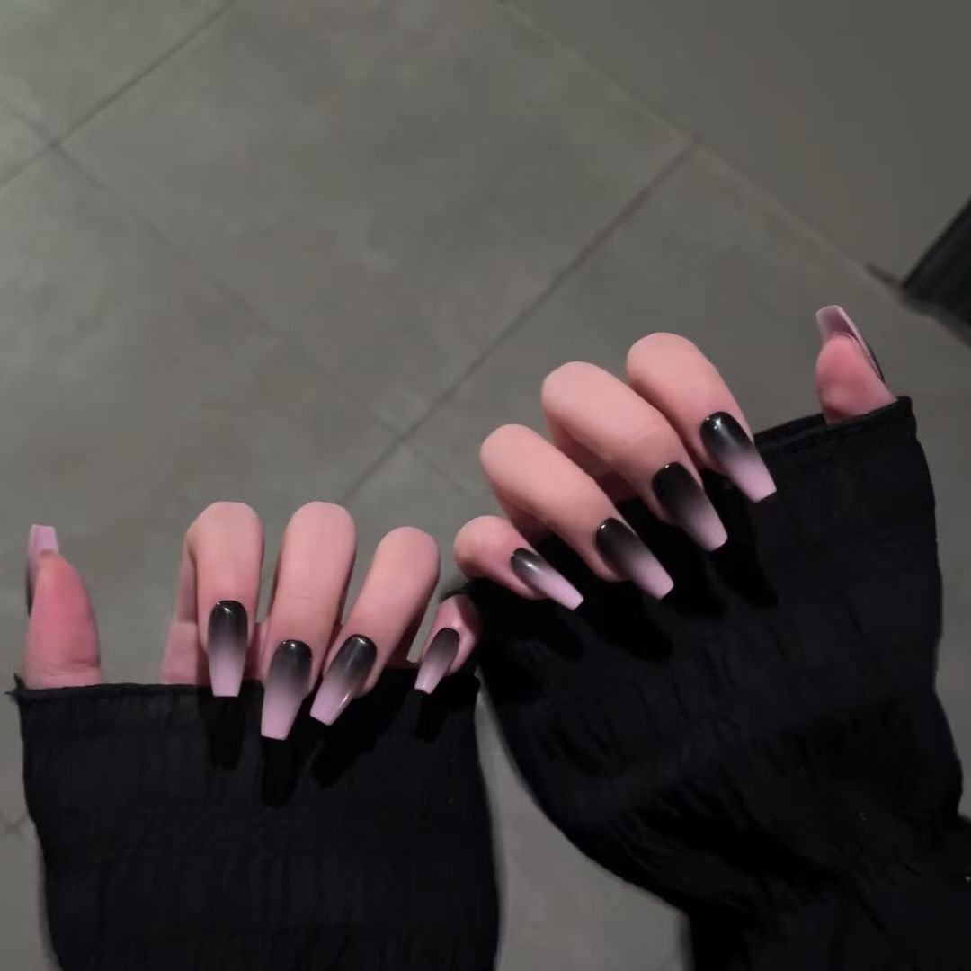 Handmade Black Pink Gradient Press On Nails Ombre Nails Pink Nails Black Nails