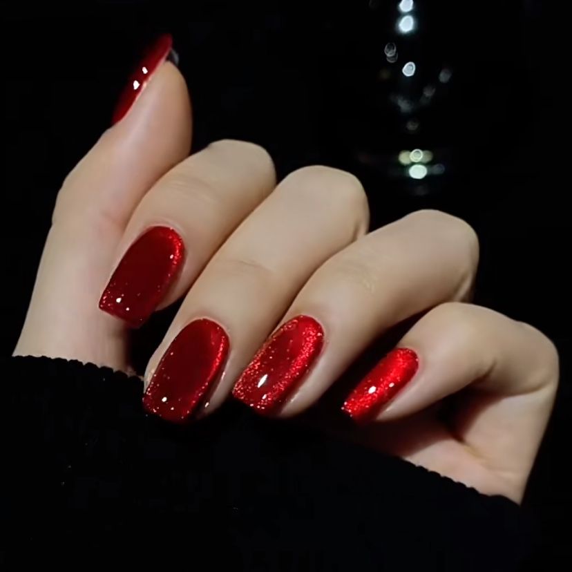 Handmade Red Glitter Glass Bead Cat Eye Press On Nails Cat Eye Nails Red Nails New Year Nails