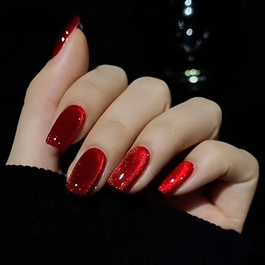 Handmade Red Glitter Glass Bead Cat Eye Press On Nails Cat Eye Nails Red Nails New Year Nails