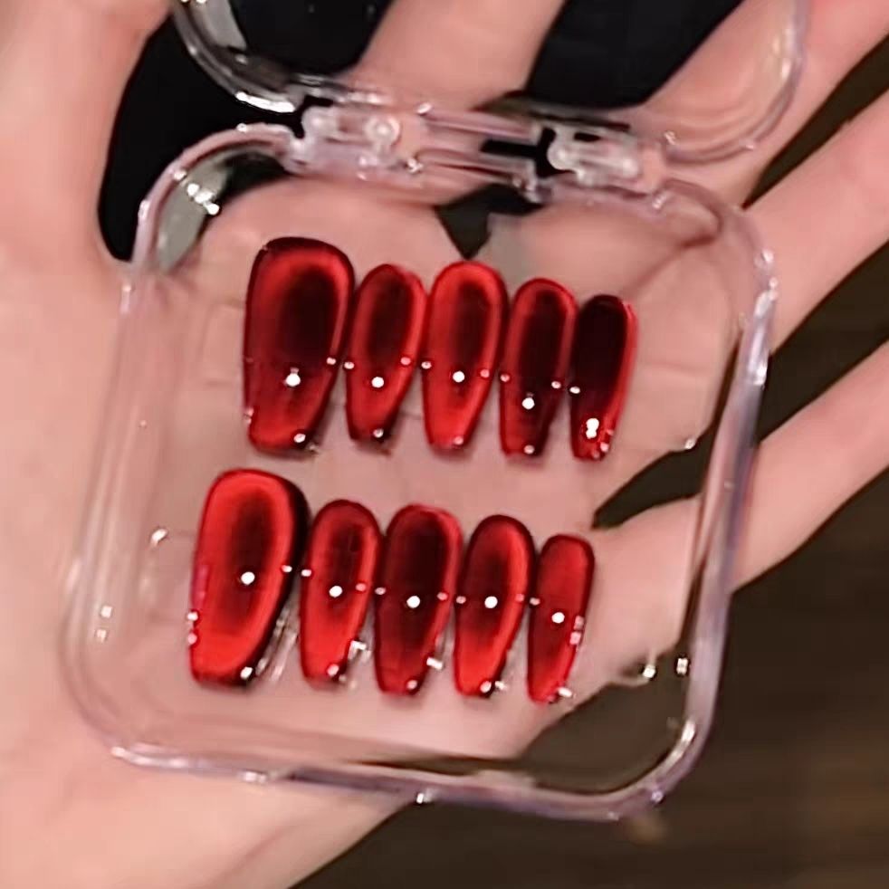 Handmade Red Glitter Glass Bead Cat Eye Press On Nails Cat Eye Nails Red Nails New Year Nails
