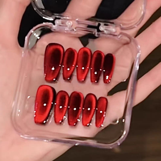Handmade Red Glitter Glass Bead Cat Eye Press On Nails Cat Eye Nails Red Nails New Year Nails