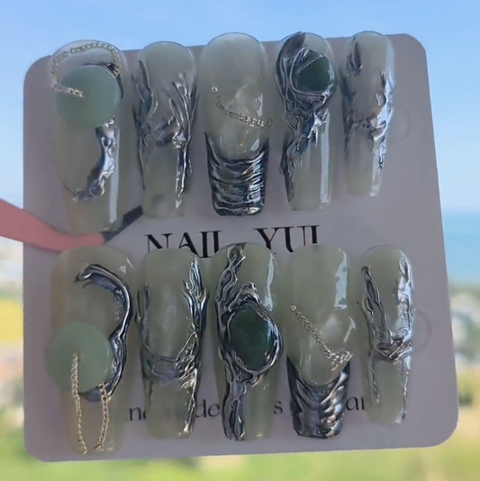 Handmade Green Jade Gilding Sliver Marble Cyberpunk Press On Nails