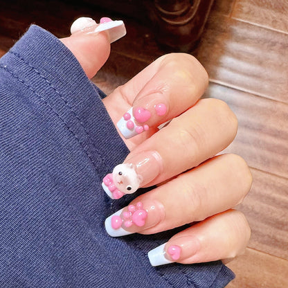 Handmade Painting Siamese Cat Light Creamy Blue French Pink Heart Paw Cute Anime Press On Nails All Charms Are Made of Nail Gel