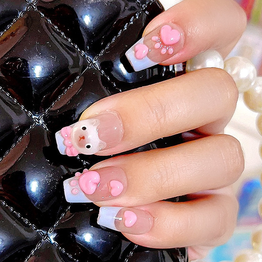 Handmade Painting Siamese Cat Light Creamy Blue French Pink Heart Paw Cute Anime Press On Nails All Charms Are Made of Nail Gel