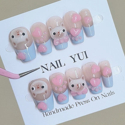 Handmade Painting Siamese Cat Light Creamy Blue French Pink Heart Paw Cute Anime Press On Nails All Charms Are Made of Nail Gel