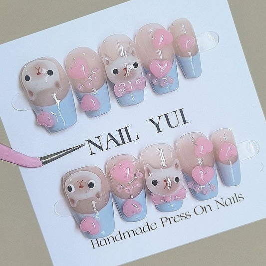Handmade Painting Siamese Cat Light Creamy Blue French Pink Heart Paw Cute Anime Press On Nails All Charms Are Made of Nail Gel