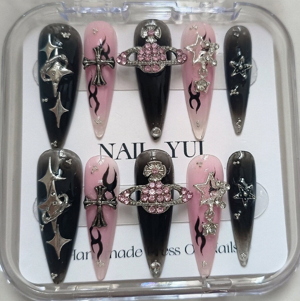 Handmade Black Pink Saturn Gem Sliver Star Cross Flame Gothic Metalic Press On Nails Goth Nails Saturn Nails Press Ons