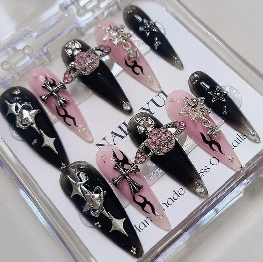 Handmade Black Pink Saturn Gem Sliver Star Cross Flame Gothic Metalic Press On Nails Goth Nails Saturn Nails Press Ons