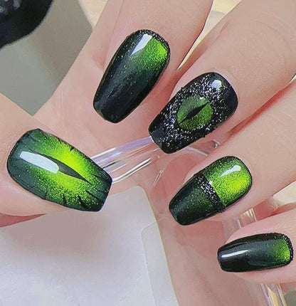 Handmade Volcanic Magma Viper Lemon Green Glitter Demon Eyes Press On Nails Halloween Nails Gothic Nails St Patrick's Day Nails