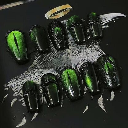 Handmade Volcanic Magma Viper Lemon Green Glitter Demon Eyes Press On Nails Halloween Nails Gothic Nails St Patrick's Day Nails