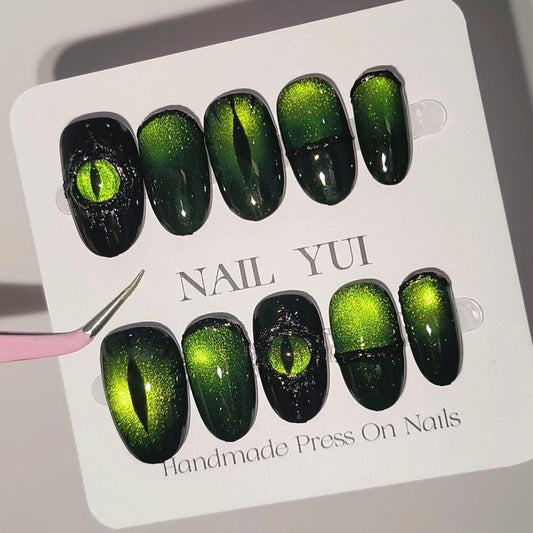 Handmade Volcanic Magma Viper Lemon Green Glitter Demon Eyes Press On Nails Halloween Nails Gothic Nails St Patrick's Day Nails