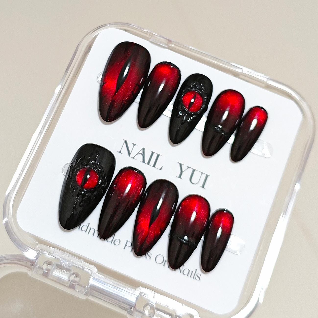 Handmade Volcanic Magma Black Dark Red Glitter Demon Eyes Press On Nails Halloween Nails Gothic Nails Demon Eyes Nails Ghost Nails
