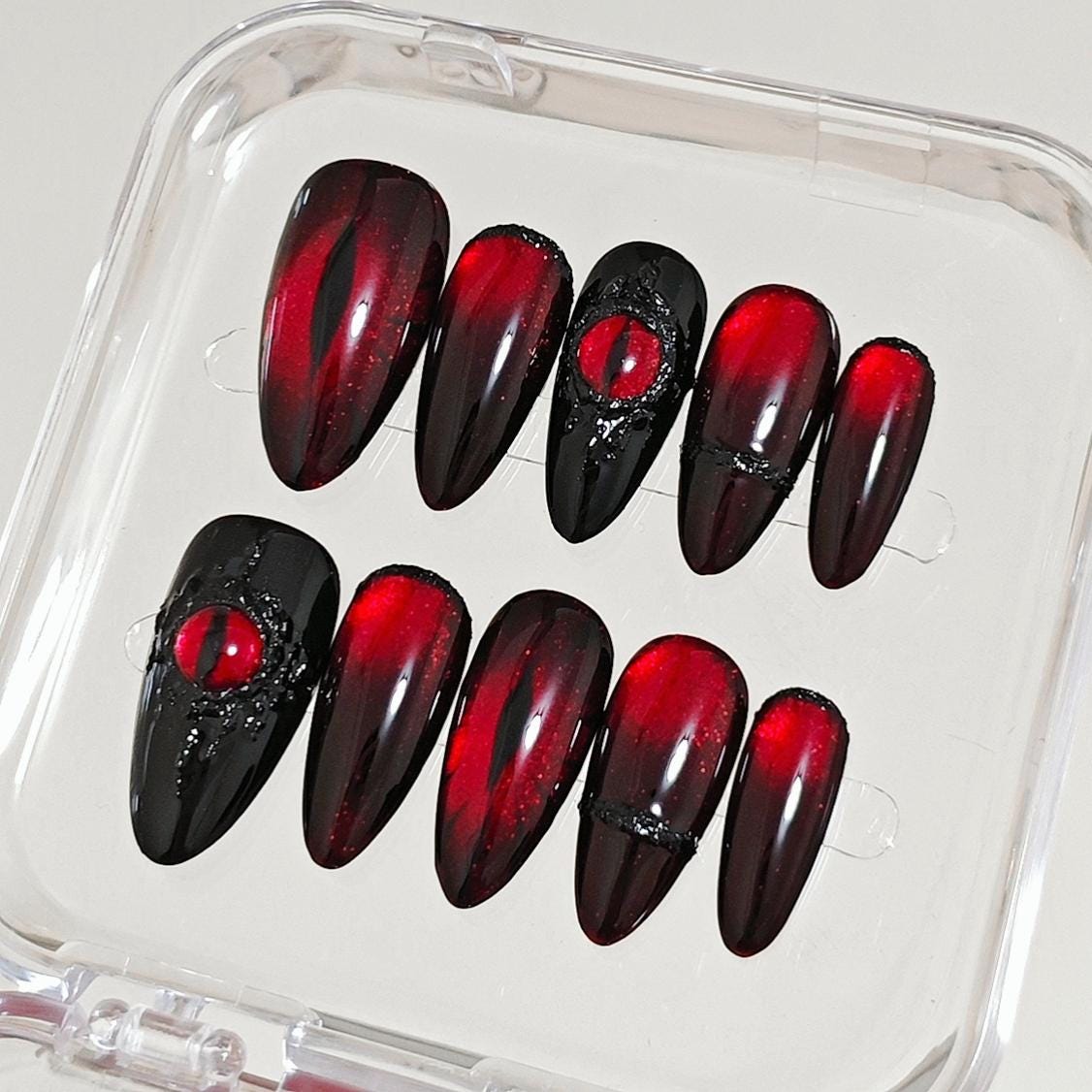 Handmade Volcanic Magma Black Dark Red Glitter Demon Eyes Press On Nails Halloween Nails Gothic Nails Demon Eyes Nails Ghost Nails