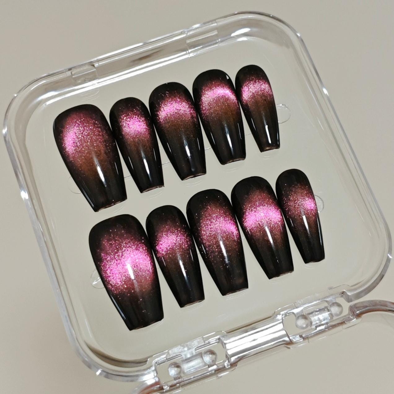 Handmade Black Pink Glass Bead Cat Eye Press On Nails Glitter Nails Dark Nails Glass Bead Nails Cat Eye Nails