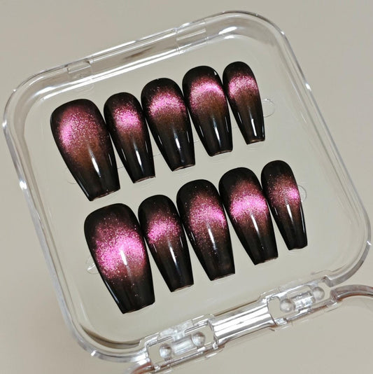 Handmade Black Pink Glass Bead Cat Eye Press On Nails Glitter Nails Dark Nails Glass Bead Nails Cat Eye Nails