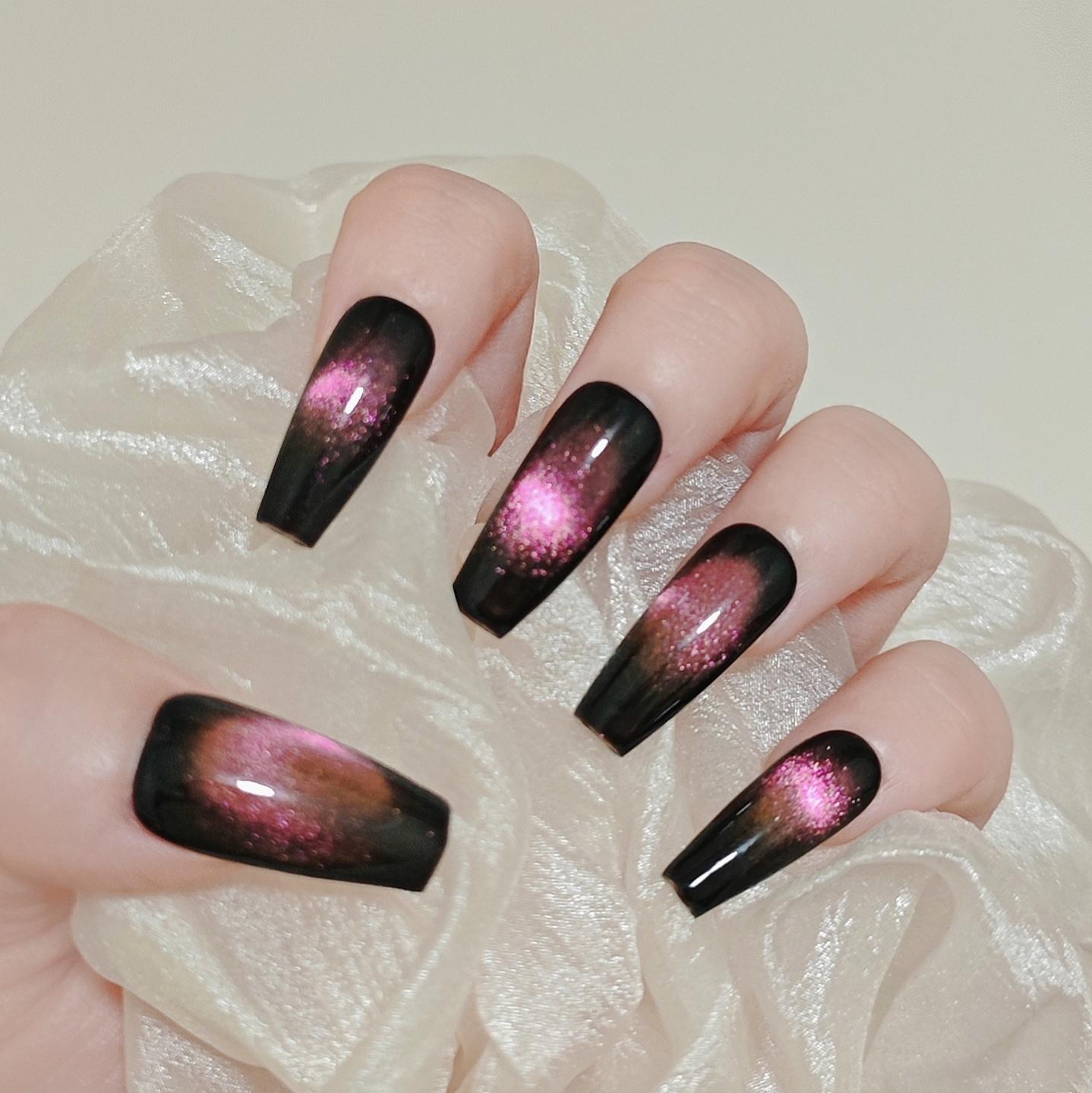 Handmade Black Pink Glass Bead Cat Eye Press On Nails Glitter Nails Dark Nails Glass Bead Nails Cat Eye Nails