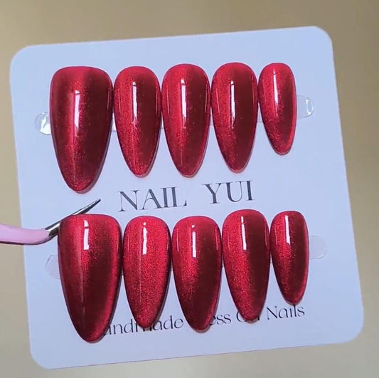 Handmade Red Glitter Glass Bead Cat Eye Press On Nails Cat Eye Nails Red Nails Wide Cat Eye Nails New Year nails