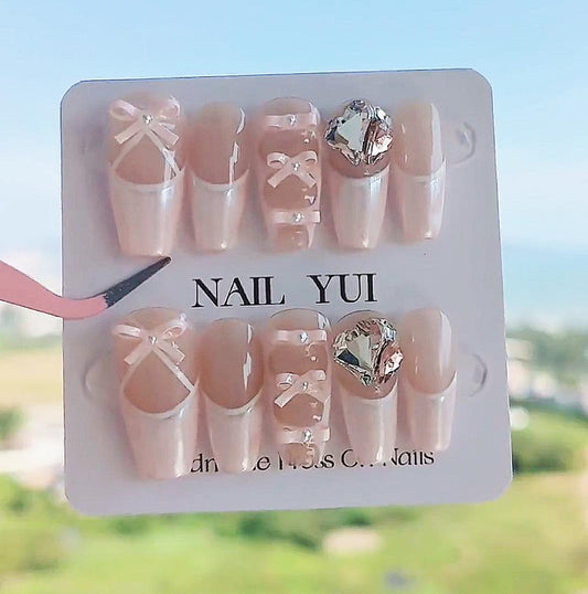 Handmade Champagne Pink Ballet Ballerina Bow Lace French Press On Nails Ballerina Nails Bow Nails French Nails Y2K Nails Acrylic Nails