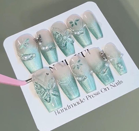 Handmade Mambo Mint Green Glitter Cat Eye Ombre Clear Green 3D Butterfly Press On Nails Elegant Luxury Forest Bride Wedding Spring Summer
