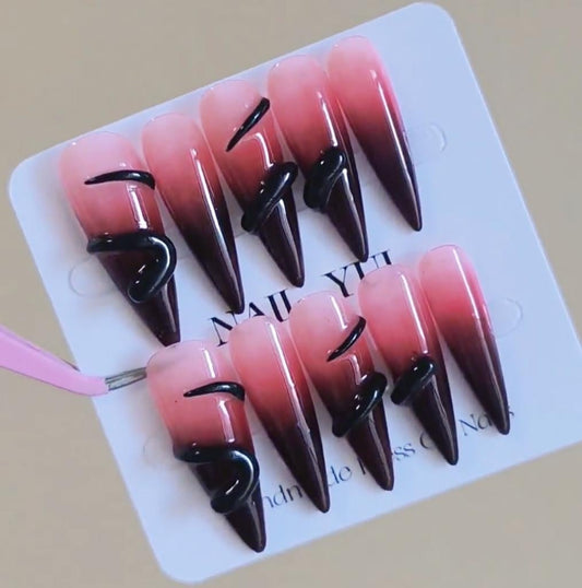 Handmade Black Snake Dark Red Ombre Goth Press On Nails Snake Nails Halloween Nails Goth Nails Gothic Nails Dark Nails Red Nails