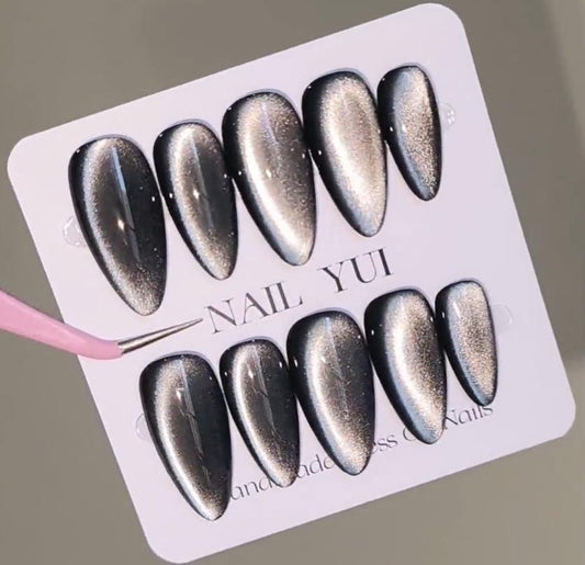 Handmade Black Glass Bead Cat Eye Press On Nails Cat Eye Nails Moonlight Nails Crystal Nails Glass Bead Nails Aurora Nails