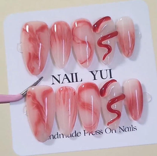 Handmade Red Snake Red Marble Ombre Halloween Press On Nails Snake Nails Halloween Nails