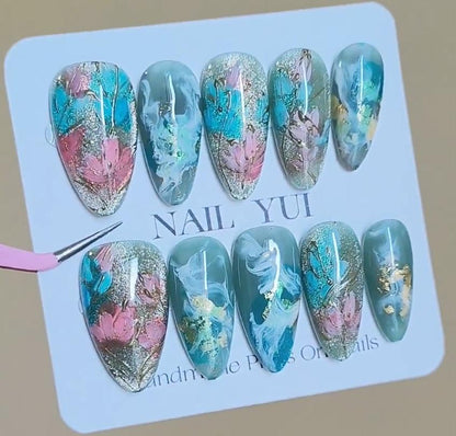 Handmade Painting Lotus Dusty Green Marble Gold Line Luxury Flower Press On Nails Lotus Nails Painting Nails Spring Nails Flower Nails