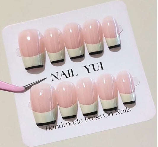 Handmade Black Edge Creamy White French Nude Ombre Press On Nails Ombre Nails French Nails Simple Nails Elegant Nails
