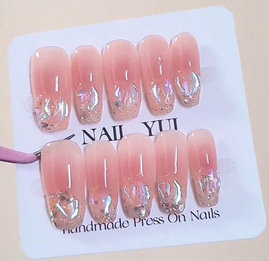 Handmade Luxury Aurora Gem Pink Nude Blush Glitter Press On Nails Glitter Nails Blush Nails Luxury Nails Gem Nails