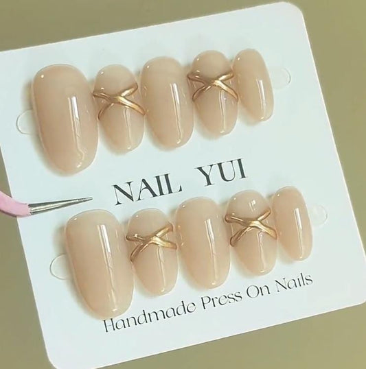Handmade Deep Nude Gold Line Creamy Caramel Maillard Press On Nails Nude Nails Maillard Nail Caramel Nails