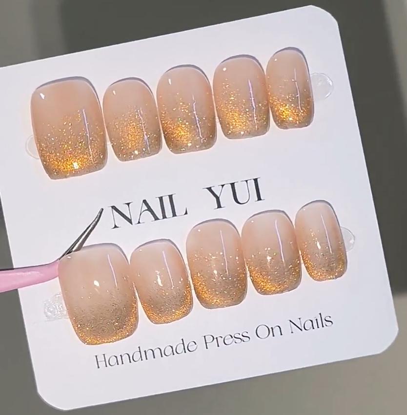 Handmade Sunset Yellow-Orange Gold Cat Eye Aurora Ombre Press On Nails Ombre Nails Glitter Nails Aurora Nails Cat Eye Nails Party Nails