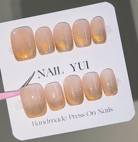 Handmade Sunset Yellow-Orange Gold Cat Eye Aurora Ombre Press On Nails Ombre Nails Glitter Nails Aurora Nails Cat Eye Nails Party Nails