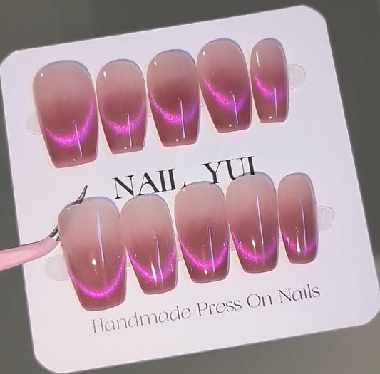Handmade Galaxy Rose Pink French Cat Eye Blush Press On Nails Glitter Nails Ombre Nails Dopamine Nails Cat Eye Nails Aurora Nails