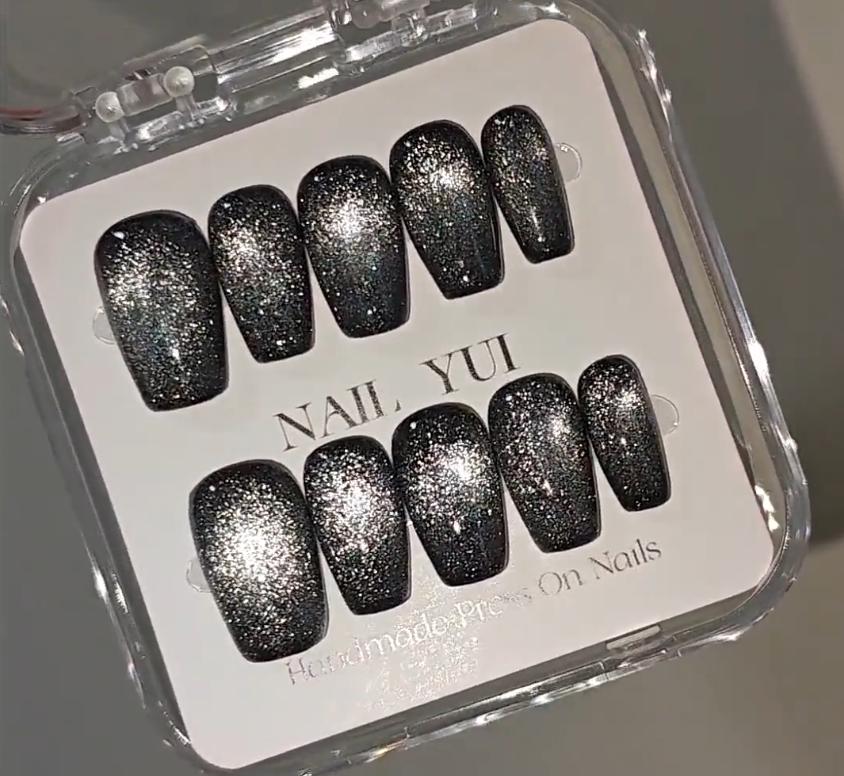 Handmade Black Grey Sliver Black Hole Cat Eye Aurora Ombre Press On Nails Reusable Nails