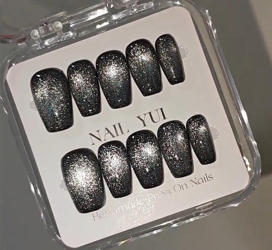 Handmade Black Grey Sliver Black Hole Cat Eye Aurora Ombre Press On Nails Reusable Nails