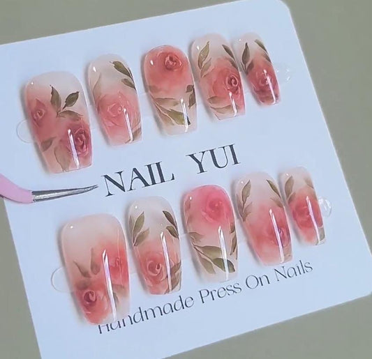 Handmade Hand Painting Watercolor Red Rose Retro Ancient Flower Press On Nails Elegant Nails Spring Nails Romantic Nails Wedding Nails