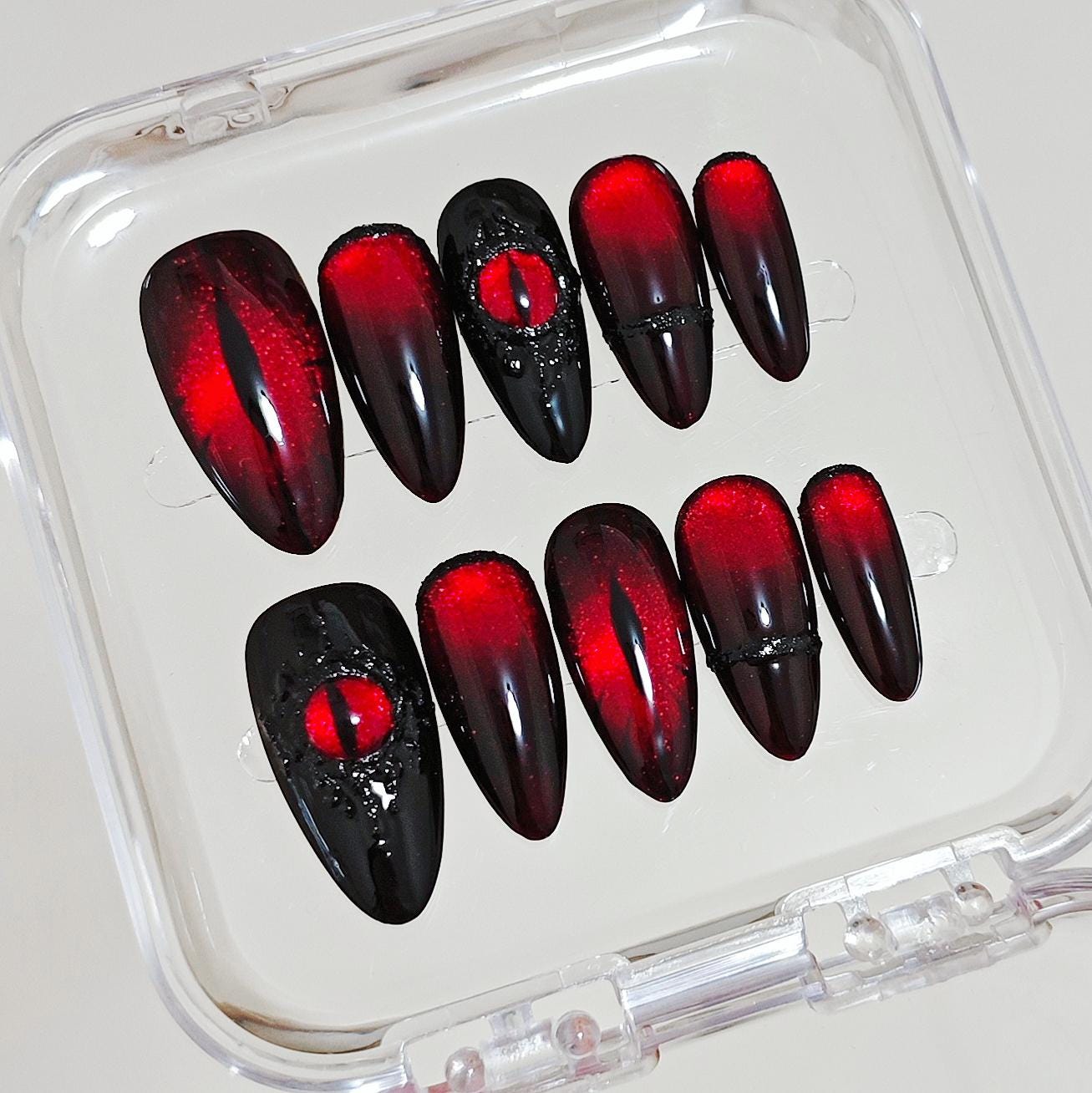 Handmade Volcanic Magma Black Dark Red Glitter Demon Eyes Press On Nails Halloween Nails Gothic Nails Demon Eyes Nails Ghost Nails